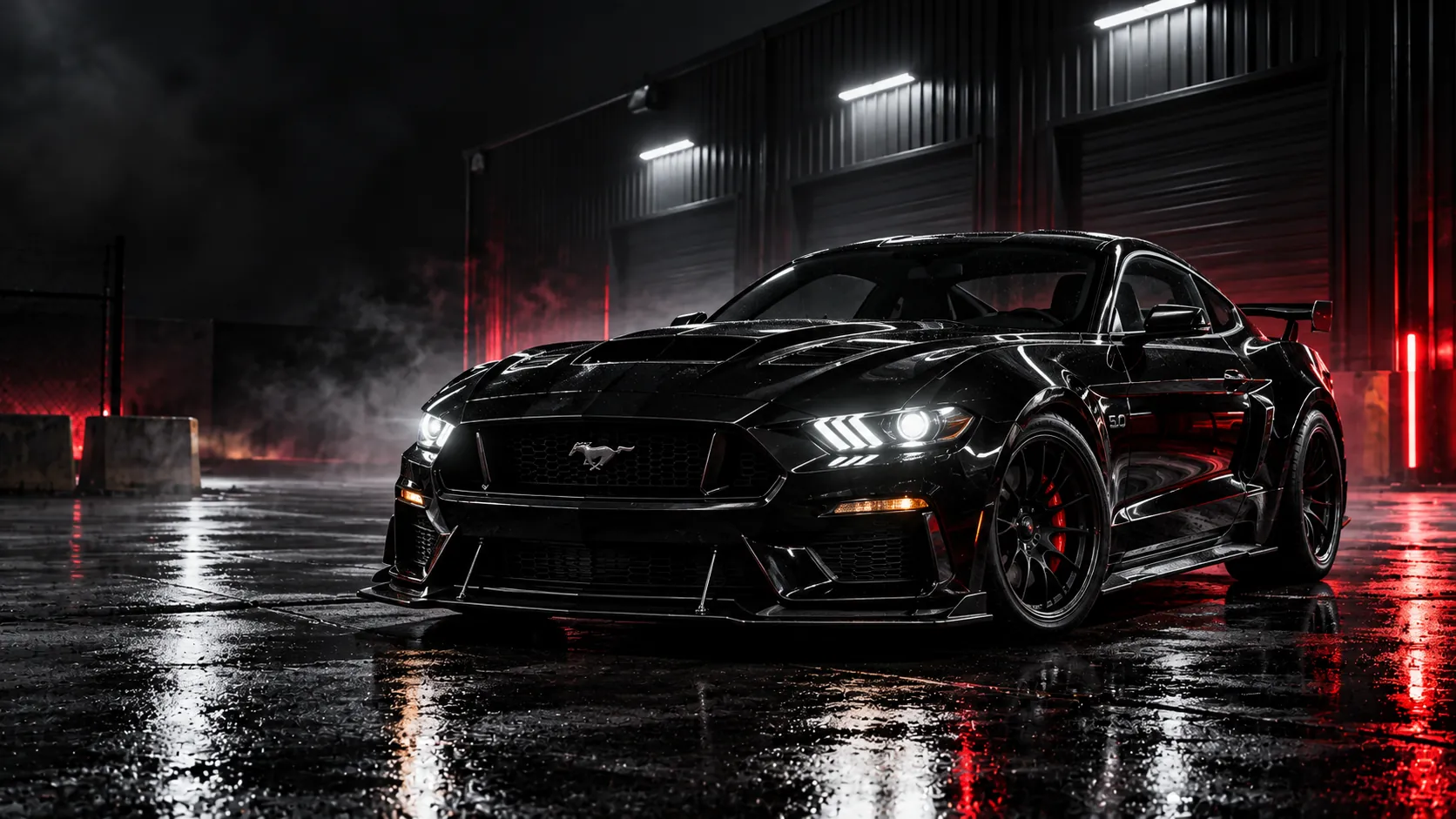 Black Mustang with its headlights on inside the Outlaw Performance Engineering shop