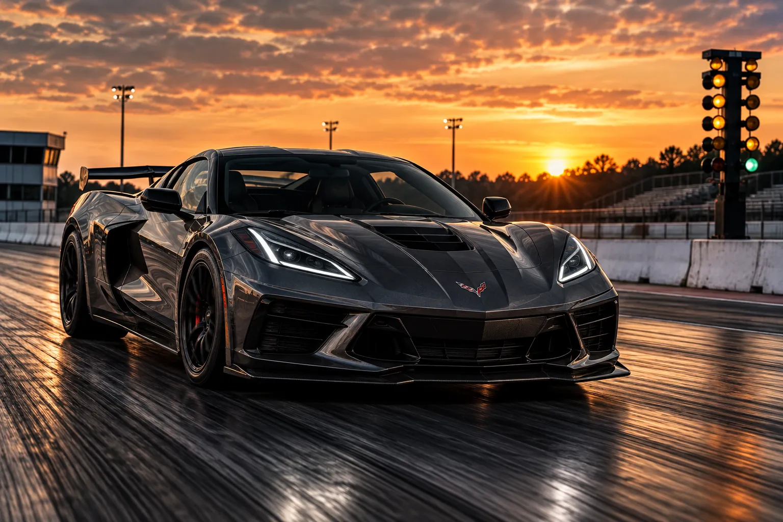Gray C8 Corvette on a drag strip at sunset