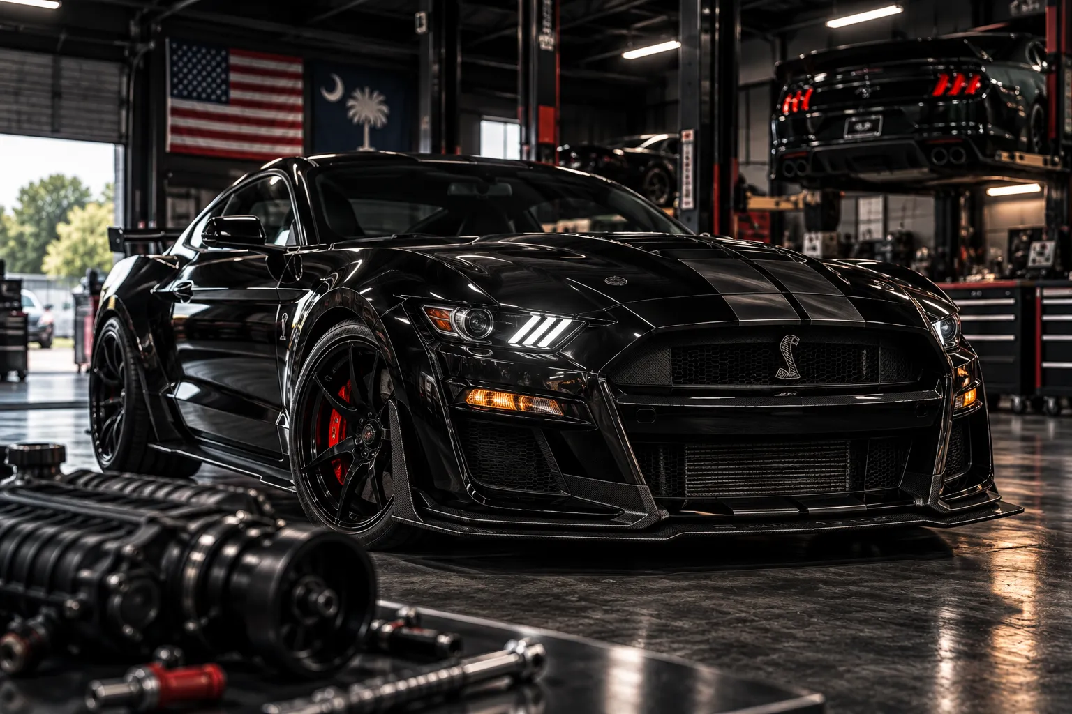 Black Shelby GT500 Mustang parked in the shop