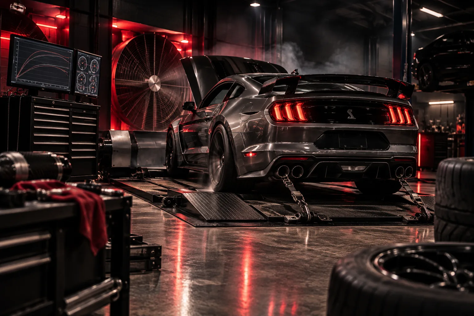 Mustang strapped down on the dyno at Outlaw Performance Engineering